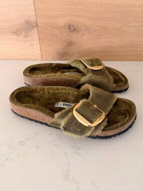 Birkenstock Madrid Big Buckle Shearling Olive Sandals Women’s 40 US 9-9.5
